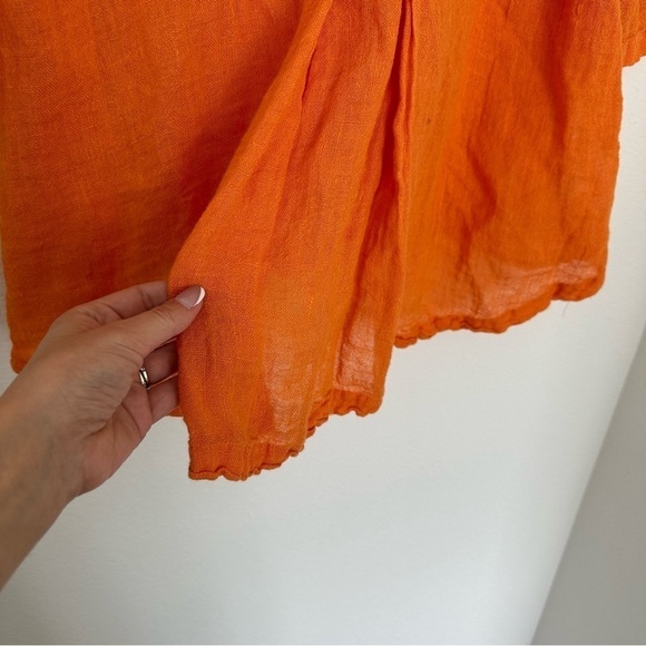 FLAX Woodstock Flowy Linen Blouse Orange V Neck Size Small Women’s 3/4 Sleeves - Picture 5 of 9